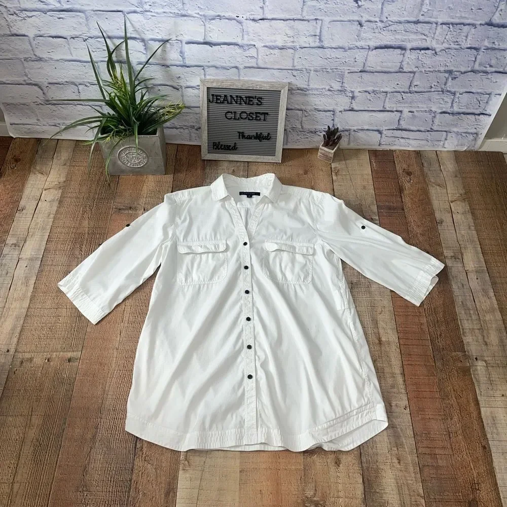 Lafayette 148 white button down shirt pockets 3/4 sleeve roll tab - Picture 11 of 13